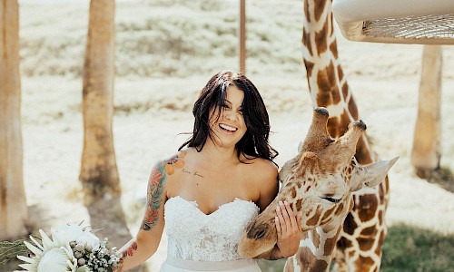 Add a photo posing with a giraffe for your wonderful wedding album.